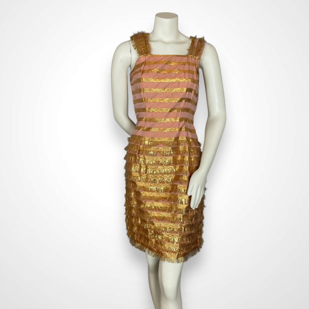 Vintage Handmade Dress Gold Fringe Ribbon Pink New Years Eve Christmas Holiday